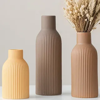 Moderne Keramikvasen-Set, 3-teilig, Gerippt, Pastellfarben, Dekorative Vasen für Wohnzimmer (Orange Mix)