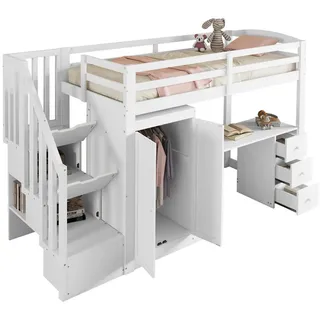 Okwish Hochbett 90/200 cm weiß aus Kiefernholz mit Schreibtisch und Schrank , Weiß , Holzwerkstoff , 90x200 cm , Babymöbel & Kindermöbel, Kinderzimmer & Jugendzimmer, Kinderbetten, Hochbetten
