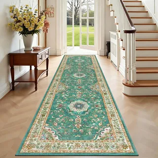 Enyhom Teppich Läufer Flur 60 x 240cm, rutschfest Washchbar Küchenteppich Modern Weich Kurzflor Teppichläufer Hochwertig Luxuriös Boho Läufer für Flur Korridor Schlafzimmer, Grün