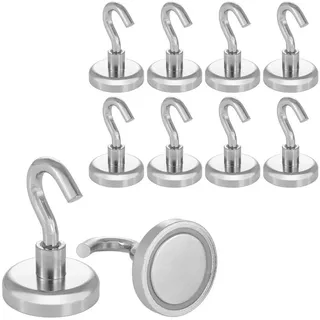POPPSTAR 10 Stück Magnethaken extra stark (Haftkraft 36 kg, Durchmesser 32mm) Neodym Haken-Magnete