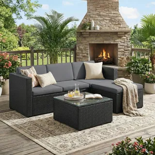 SONGMICS (5-tlg) Gartenlounge-Set, Tisch, Fußhocker und Sofa, mit Kissen, schwarz-grau - Schwarz, Grau