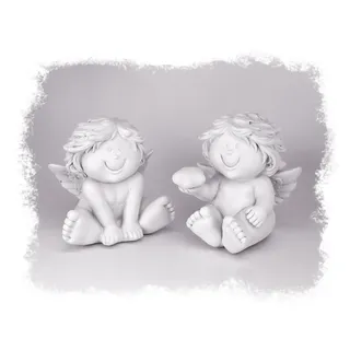 TEMPELWELT® Deko Engel Figur Schutzengel Sitzend im 2er Set je 8 cm, Polystein Weiß, Babyengel mit Stern Engelkind Engelchen Rubensengel Engelfigur Dekoengel Lachend