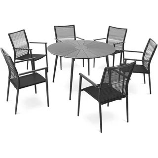 di volio Gartenmöbel ARPINO, runder Gartentisch mit 6 Stühlen - Set, Essgruppe für 6 Personen, langlebig & wetterfest, aus robusten Materialien - Schwarz, Grau