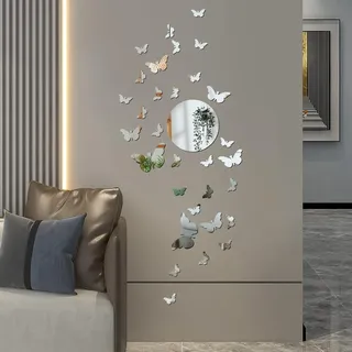 Schmetterling schmetterling spiegel aufkleber, 37 Pcs Acryl 3D schmetterling deko wand Schmetterling aufklebe spiegel Abnehmbares Silber spiegel sticker für Wohnzimmer Schlafzimmer Büro Dekor