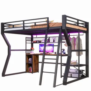 Okwish Hochbett 140/200 cm schwarz aus Metall und MDF mit Schreibtisch , Schwarz , Holzwerkstoff , 140x200 cm , Babymöbel & Kindermöbel, Kinderzimmer & Jugendzimmer, Kinderbetten, Hochbetten