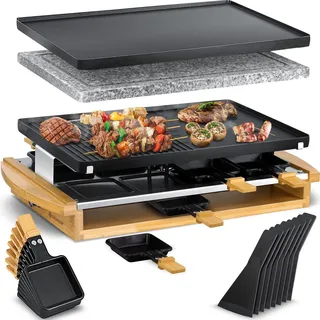 KESSER® Raclette-Grill mit Naturgrillstein, Grillplatte Tischgrill für 8 Personen, Elektrogrill Raclette Grill antihaftbeschichteter Grillplatte, 8 Pfannen und Holzspatel 1200W