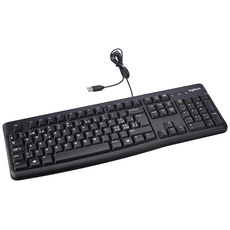 Logitech K120 Kabelgebundene Business Tastatur für Windows und Linux, USB-Anschluss, Leises Tippen, Robust, Spritzwassergeschützt, Tastaturaufsteller, Schweizer QWERTZ-Layout - Schwarz