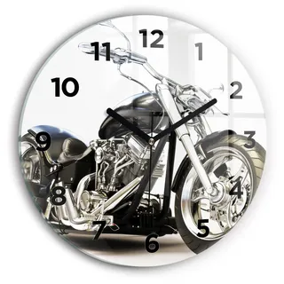 Wallfluent Wanduhr – Stilles Quarzuhrwerk - Uhr Dekoration Wohnzimmer Schlafzimmer Küche - Zifferblatt - schwarze Zeiger - 30 cm - Schwarzes Motorrad - Schwarz