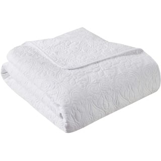 Madison Park Cotton Filled Spread, Ultra Soft, Cozy Bedding for Living Room Couch, Sofa, Bed Luxuriöse Gesteppte Überwurfdecke – Damast-Nähte, Mikrofaser, Weiss/opulenter Garten, 60"x70"