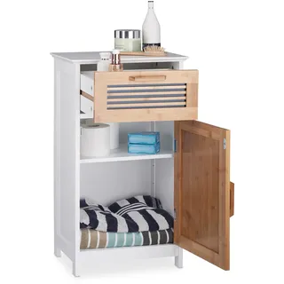 Relaxdays Badschrank Schmal, Schublade, natürliche Optik, Höhenverstellbarer Einlegeboden, MDF, Weiß, 70 x 40 x 28,5 cm