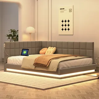 Flieks Polsterbett 140x200cm mit USB & LED, Tagesbett Schlafsofa mit Lattenrost, Doppelbett Jugendbett Gästebett Daybett Funktionsbett, Leinen, Grau - Grau