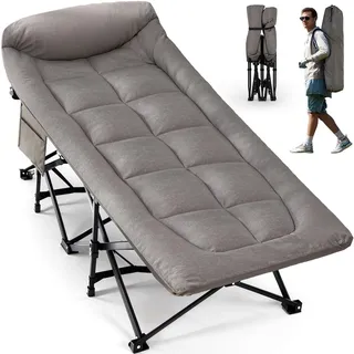 OVERMONT Klappbar Feldbett mit Matratze - Faltbar Campingbett 190 x 70 x 40 cm - bis 250kg Belastbar - Oxfordgewebe mit Seitentasche Tragetasche für Camping Garten Büro Grau