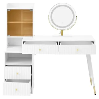 Schminktisch - Wandmontierter Frisiertisch 120×45×115 cm - LED-Spiegel - Transparente Glas-Tischplatte - Mit Seitentisch und Schrank - Ohne Hocker - Weiß white 3