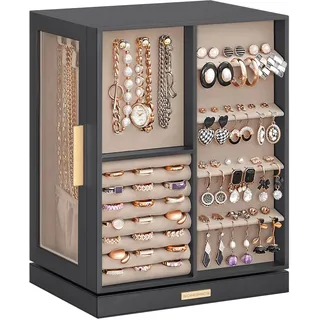 SONGMICS Schmuckkästchen 360° drehbar, Schmuckkasten 5 Schubladen, seitliche Glasfenster, geräumig, vertikale Schmuckaufbewahrung, offenes Design, Geschenkidee, weihnachten, schiefergrau JBC170G01