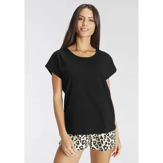 Shorty, Damen, Gr. 32/34, schwarz (schwarz mit animal, print), Single Jersey, Obermaterial: 100% Baumwolle, VIVANCE DREAMS BY LASCANA, Basic, bequem kurz, Rundhals, angeschnitten abgesteppt, Homewear-Sets Shorty, mit Animal-Print