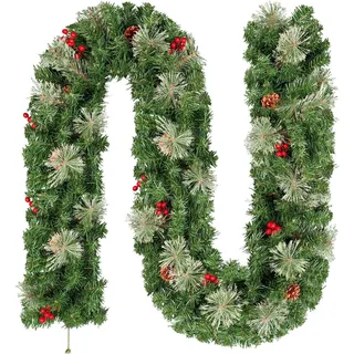 Uten künstliche Tannengirlande, Girlande 2.2m mit roter Beeren und Tannenzapfen, Weihnachtsdeko für Treppe, Tür