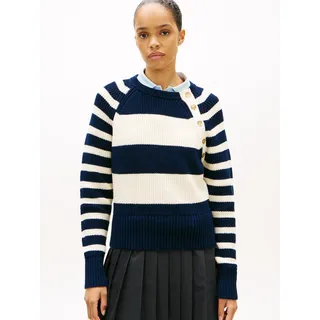 Strickpullover TOMMY HILFIGER "GOLD BTN UTILITY LS C-NK SWT", Damen, Gr. S (36/38), big brt stp schwarz night, calico, Strick, Obermaterial: 100% Baumwolle, gestreift, regular fit normal, Rundhals, Pullover Strickpullover, mit goldfarbenen Knöpfen