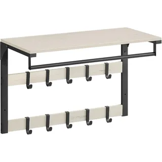 VASAGLE Wandgarderobe, mit Ablage, Wandregal mit 10 abnehmbaren Haken, Hängeregal, Wandmontage, 2 Garderobenleisten, Kleiderstange, für Flur, Schlafzimmer, Badezimmer, vintageweiß-schwarz LCR101W03
