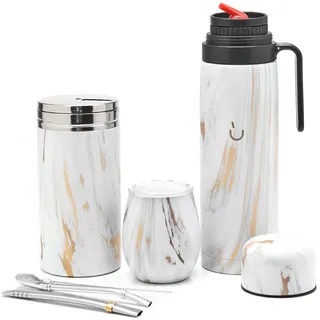BALIBETOV Komplettes Yerba Mate Set – Moderner Mate Gourd, Thermos, Yerba Behälter, zwei Bombillas und Reinigungsbürste im Lieferumfang enthalten – Alle Premium Qualität 304 18/8 Edelstahl (Gold)