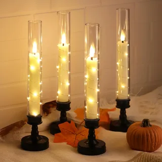 JVURICE LED Kerzen 4er Set,26cm Flackernde Kerzen mit Kerzenhaltern, Timer&Fernbedienung, Lichterkette, Für Esstische, Schränke, Weihnachten, Halloween, Hochzeiten, Silvester, Grabkerzen