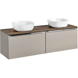 Waschtischunterschrank Set 160cm in taupe mit Vintage Eiche PUEBLA-56-TAUPE 2 Keramikbecken, 2 Softclose-Schubkästen, B/H/T 160,4/62,5/46 cm - Beige