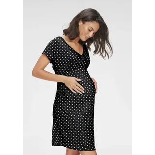 Umstandsnachthemd LASCANA, Damen, Gr. 36/38, N-Gr, schwarz (schwarz mit weißen punkten), Obermaterial: 95% Baumwolle, 5% Elasthan, gepunktet, bequem, V-Ausschnitt, Kleider Umstandsnachthemd, mit Wickeloptik
