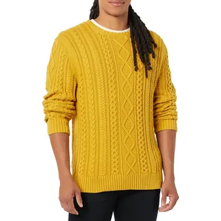 Amazon Essentials Herren Pullover mit Langen Ärmeln und Rundhalsausschnitt aus 100% Baumwolle mit Zopfmuster, Senfgelb, M