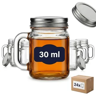 gouveo 24er Set Mini Trinkgläser 30 ml (0,03 l) mit Henkel und Schraubdeckel silberfarben – Shotglas Likörglas Probierglas für Verkostung Buffet Hausbar Catering (TGH030S)