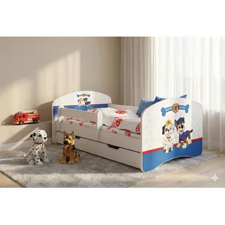 1x Happy Babies Kinderbett mit Rausfallschutz Junge 140x70 Bett für Kinderzimmer mit Schublade Matratze Einzelbett für Kinder Weiß Blau Hundemotiv - Weiß