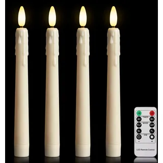 yunsheng 4 Stück LED Stabkerzen mit Fernbedienung und Timer, Batteriebetriebene Flackern Dimmbar Warmweiß Flammenlose Spitzkerzen, Fensterkerzen mit Tropfwachs-Optik, 3D-Docht licht, Weihnachtsdeko