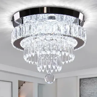 Finktonglan 30 cm 4-stufige Kristall LED Deckenleuchte, 36W, 6500K | Integrierte LED, festes 6500K Kaltweiß, nicht dimmbar, K9 Kristall und Edelstahl für Wohnzimmer, Schlafzimmer und Flur