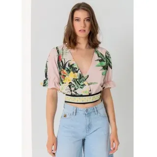 Lois Jeans für Damen. 431412467 Mehrfarbiges Crop-Top mit tropischem Muster und Überkreuzdruck (M), Lässig, Baumwolle