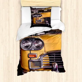 ABAKUHAUS New York Mantele, Antique Yellow Taxi, Milbensicher Allergiker geeignet mit Kissenbezügen, 135 cm x 200 cm - 80 x 80 cm, gelb Grau - Grau