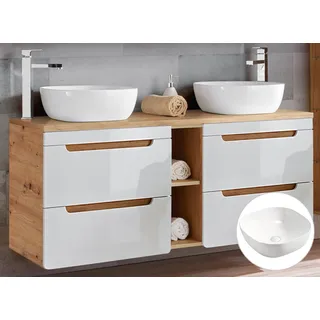 Doppel-Waschtischunterschrank 140 cm mit Keramik-Aufsatzbecken LUTON-56 Hochglanz weiß mit Wotan Eiche Nb. B/H/T ca. 141/76,5/46 cm - Weiß