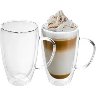 Intirilife 2X Doppelwandige Thermo Gläser Set -400-500ml- Mundgeblasen isoliert für Espresso Cappuccino, Teegläser Kaffeegläser Latte Macchiato Tassen, Schwebeeffekt mit Henkel