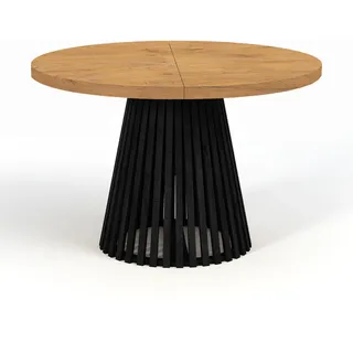 dekori.interiors Dekori_Interiors Esstisch, Hellbraun, Schwarz, Holz, Rund, 90x77x190 cm, Esszimmer, Dover - Industrial/Loft Still mit Lamellenbeine, Durchmesser: 90 : 190 Farbe: Eiche Lancelot / - Braun