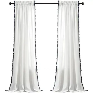 Lush Decor, marineblauer Pom Vorhang, strukturiert, einfarbig, Shabby-Chic-Stil, Fensterpaneel für Wohnzimmer, Esszimmer, Schlafzimmer (Einzel), 213,4 x 127 cm, Weiß