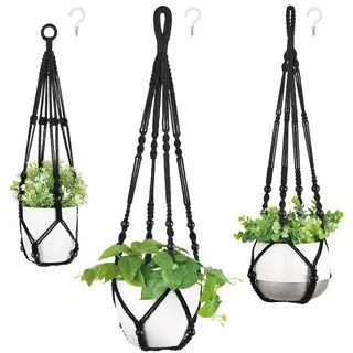 Mkouo 3er Set Makramee Blumenampel Pflanzenhänger Innen Pflanzkorb Hängender Blumentopfhalter Baumwollseil mit Perlen ohne Quasten, 58cm/73cm/89cm, Schwarz