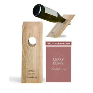 Livlig53 Weinflaschenhalter aus Holz, Magischer Flaschenhalter aus Eiche mit personalisiertem Weinetikett „Merry Merry Christmas“, Wein Geschenk zu Weihnachten