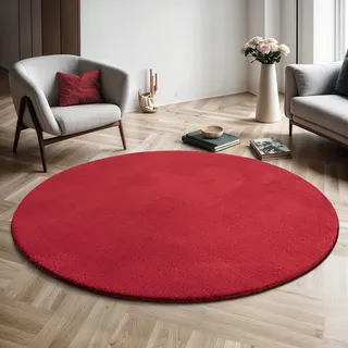 Mia's Teppiche Comfort Moderner Flauschiger Kurzflor Teppich, Anti-Rutsch Unterseite, Waschbar bis 30 Grad, Super Soft, Felloptik, Rot, 200 cm Rund