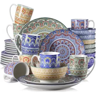 Valenza Serviesset 32-teilig – 8 Personen – Keramik – Essteller, Tiefe & Frühstücksteller – Mix Farben - Bunt, Grau