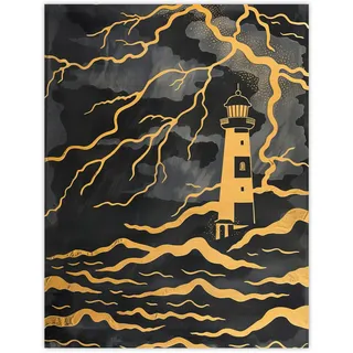 Artery8 Lighthouse Lightning Storm Gold Contrast Painting Bathroom Toilet Large Wall Art Poster Print Thick Paper 18X24 Inch