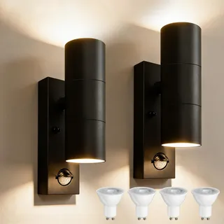 YOVGQOLV PIR Außenlampe mit Bewegungsmelder Up and Down 230V GU10 | Edelstahl Wandlampe Aussen mit 4×5W GU10 Glühbirne(3000 K),IP54 Wasserdichte LED Aussenleuchten Hauswand,2Stück-Schwarz