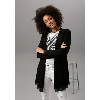 Cardigan ANISTON SELECTED, Damen, Gr. 34, schwarz, Feinstrick, Obermaterial: 70% Viskose, 30% Polyamid, unifarben, lässig geschnitten Po-bedeckend, angesetztes Bündchen, Strickjacken Cardigan, mit Chiffon-Abschlüssen