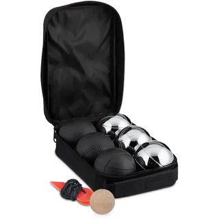 Relaxdays Boule Kugeln, 6 Metall-Kugeln, Set mit Zielkugel & Abstandsmesser, Tragetasche, Boccia Spiel, schwarz/Silber