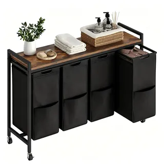 HOOBRO Wäschekorb 4 Fächer, Wäschesammler mit Ablage, Wäschebox, Wäschewagen mit Rollen, 4 x 39,8 L, Wäschesack aus Oxford-Gewebe, Vintagebraun-Schwarz EBF04XY01