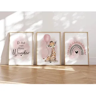 MeinBaby123® I Bilder Kinderzimmer | 3er Set DIN A4 Poster Set | Wandbilder | Kinderzimmer Poster | Deko Bilder Kinderzimmer Mädchen und Jungen | Wandposter Premium (Giraffe & Luftballon rosa)