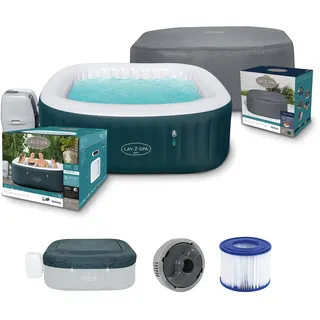 Bestway Lay-Z-SPA Ibiza AirJetTM Whirlpool, 180 x 180 x 66 cm, 4-6 Personen, eckig, Petrolblau + Xtras EnerySense Thermo-Komplettabdeckung 180 x 180 x 71 cm, eckig