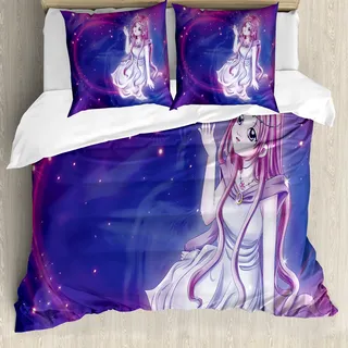ABAKUHAUS Anime Bettbezug, Lila Anime Fairy sitzen, Milbensicher Allergiker geeignet mit Kissenbezügen, 155 cm x 220 cm - 80 x 80 cm, Lila-blau - Violett