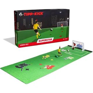 Tipp-Kick Spiel Superstar Fußball-Set mit Filz-Spielfeld (63x22cm) – Challenge für 2 Spieler, handbemalte Zinkfiguren & Tor, Tischfußball-Spiel für Fans